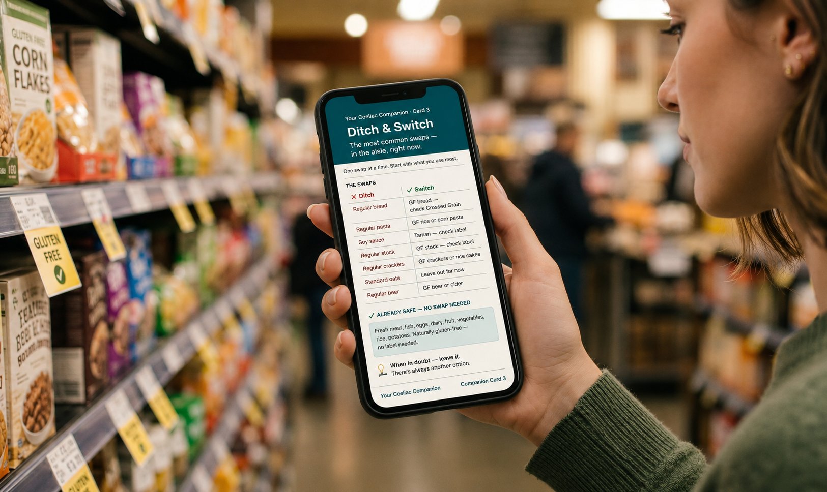 Companion card on phone in supermarket — the right information at exactly the right moment